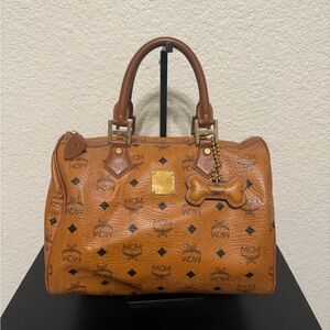 MCM Cognac Visetos Monogram Satchel with Bone Charm